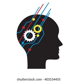 Man`s head with gears and abstract lines inside. Concept of thinking, perception, memorizing, and data processing. Interdependence of human mind and outside world.