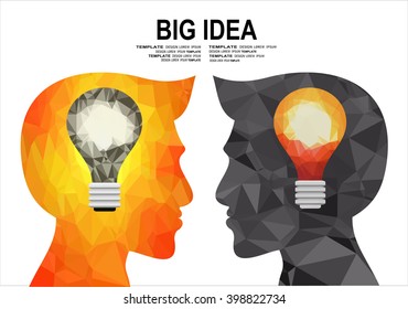 Man's head with a glowing light bulb. the concept of making big idea. Geometric Triangular.