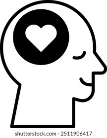 A man's head with a heart in the middle. The heart is surrounded by a circle. The man is smiling
