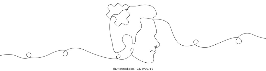 A man's head with an idea icon line continuous drawing vector. One line Thoughts in the head icon vector background. Human head with a puzzle icon. Continuous outline of a depression in Man's head.