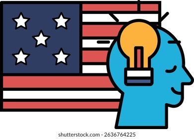 A man's head is illuminated with a bright idea, and the American flag is in the background. The man's expression is one of excitement and inspiration