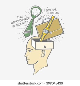 The man's head. Illustration in the style of linear design on a man's mind: career, high position, job, social recognition, prestige.