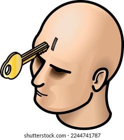 La cabeza del hombre con una llave y un ojo de cerradura.