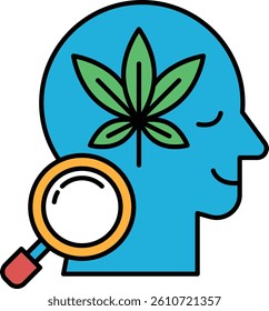 A man's head with a leaf on it and a magnifying glass. The man is smiling and the leaf is green