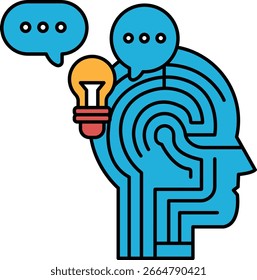 A man's head with a light bulb in it. The light bulb is surrounded by a circle of dots