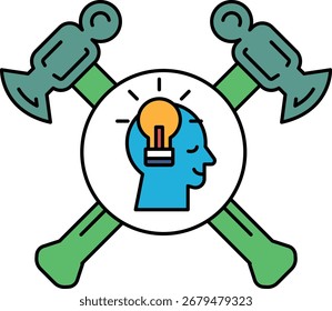 A man's head with a light bulb on it is surrounded by two hammers. Concept of creativity and innovation, as the light bulb represents an idea