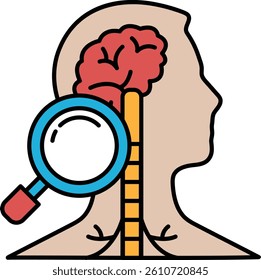 A man's head with a magnifying glass on it. The head is red and blue. The head is looking at something