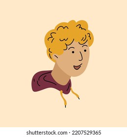 A man's head. Male head close-up. Minimalistic cute cartoon-style graphics. The person's face is drawn in a flat style.