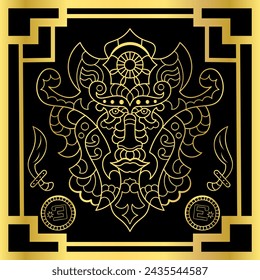  Man's head in mandala style in gold color on a black background with a golden frame. Hand-drawn.Vector illustration.