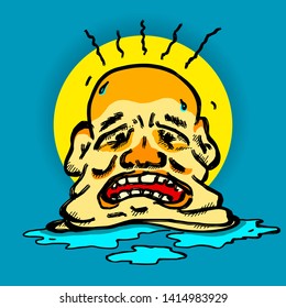 A man's head melting under hot weather for the medical concept of heatstroke. Hand drawn vector illustration. 