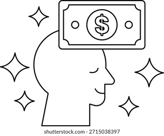 La cabeza de un hombre está encima de un billete de un dólar. El billete de un dólar está rodeado de estrellas. Concepto de riqueza y éxito