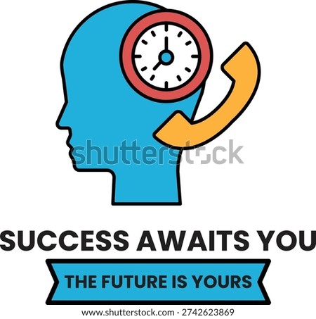 A man's head with a phone on it and the words "success awaits you" underneath. The image is meant to convey the idea that success is just around the corner