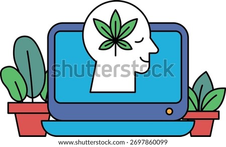 A man's head is shown with a leafy green plant growing out of his forehead. Concept of relaxation and tranquility, as the man is in a state of deep thought or meditation