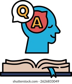 A cabeça de um homem é mostrada com as letras A e Q nela. A cabeça repousa sobre um livro aberto, que também é mostrado na imagem. Conceito de aprendizagem e conhecimento