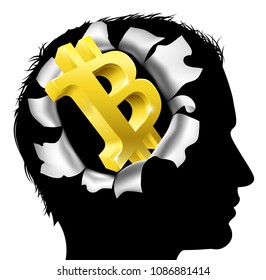 A mans head in silhouette with gold Bitcoin sign symbol. Concept for thinking or dreaming about making money with Bitcoin