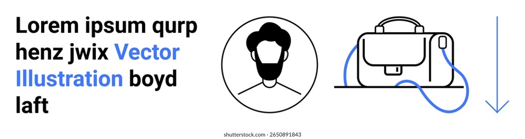 Silhueta de cabeça masculina ao lado de uma pasta com alça e seta para baixo. Ideal para marcas, apresentações comerciais, perfis profissionais, design de produto, tutoriais, sites, panfletos. Página inicial