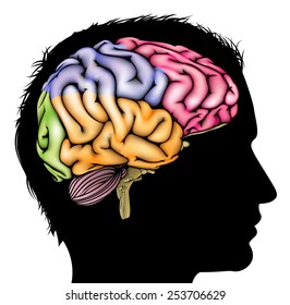 A mans head in silhouette with a sectioned brain. Concept for mental, psychological, brain development, learning and education or other medical theme