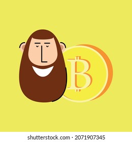 The man's head smiles with closed eyes with happiness, and behind a bitcoin coin. Cryptocurrency. Vector illustration for animation.