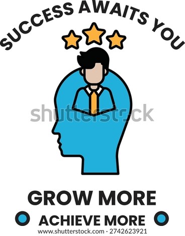 A man's head with three stars on it and the words "success awaits you" written below