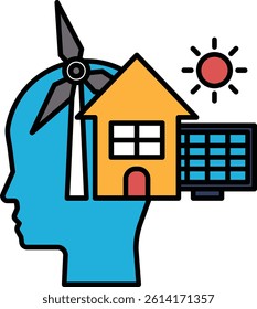 A man's head with a wind turbine on top and a house below. The house is yellow and has a red door. Concept of renewable energy