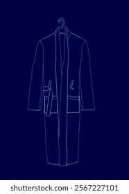 Man's jacket is hanging on a hanger. The jacket is a trench coat and is hanging on a blue background