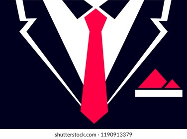 A man's jacket with a tie and a handkerchief in his breast pocket. Design for invitations to events with dress codes, for a wedding, a stag party, a theater, an exhibition.