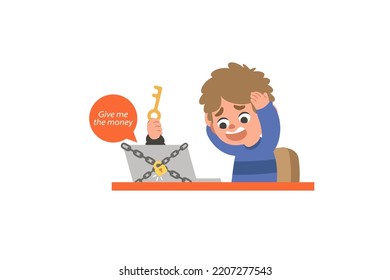 A man's laptop was locked and demanded a ransom from an anonymous hacker. illustration vector cartoon character design on white background. Crime concept.