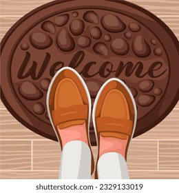 Mans legs in shoes on doormat of entrance vector illustration. Cartoon selfie top view of persons feet standing on Welcome mat in hallway interior, neighbors fashion footwear on carpet from above