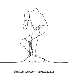 man's legs in sneakers on a raised up leg untied lace - one line drawing vector. concept of problems with tying shoelaces, problems with training and playing sports 