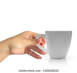 Man's naturalistic hand holds a Realistic 3D model of cup white color. Vector Illustration. EPS10
