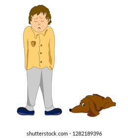 Mans negative emotions. Despaired little boy. Frustrated boy with his dog. Vector illustration.