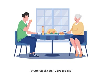 Man's Nice Lunch with Mother on Women's Day