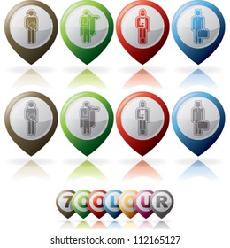 Mans occupation icons set from left to right:  Painter, Gardener, Worker, Hotel boy.