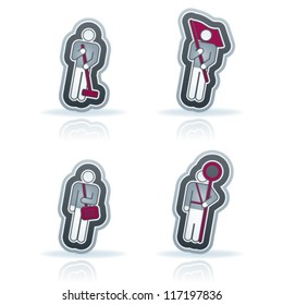 Man's occupation icons set from left to right:  Cleaner, Politician, Mailman, Lollipop man.