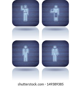 Man's occupation icons set from left to right: Policeman, Waiter, Hotel boy, Businessman. 