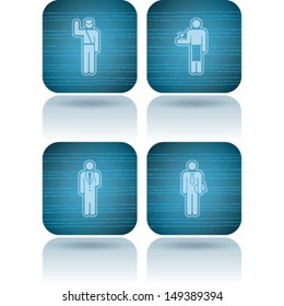 Man's occupation icons set from left to right: Policeman, Waiter, Hotel boy, Businessman. 