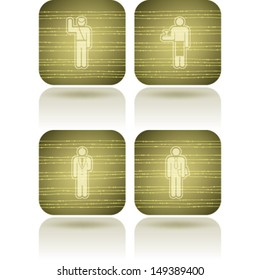 Man's occupation icons set from left to right: Policeman, Waiter, Hotel boy, Businessman. 