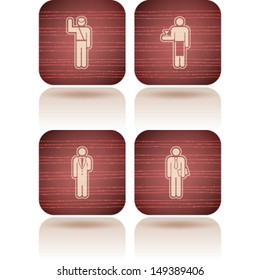 Man's occupation icons set from left to right: Policeman, Waiter, Hotel boy, Businessman. 