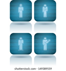 Man's occupation icons set from left to right: Worker, Priest, Singer, Guitarist. 
