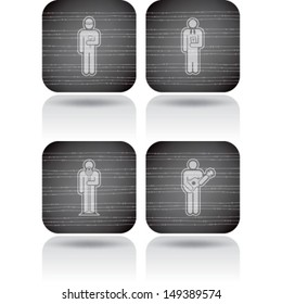 Man's occupation icons set from left to right: Worker, Priest, Singer, Guitarist. 