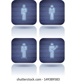 Man's occupation icons set from left to right: Worker, Priest, Singer, Guitarist. 