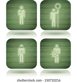 Man's occupation icons set from left to right:  Theft, Lollipop man, Chemist, Sailor. 