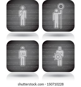 Man's occupation icons set from left to right:  Theft, Lollipop man, Chemist, Sailor. 