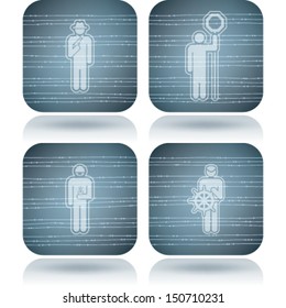 Man's occupation icons set from left to right:  Theft, Lollipop man, Chemist, Sailor. 