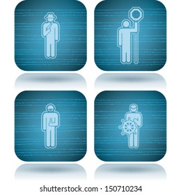 Man's occupation icons set from left to right:  Theft, Lollipop man, Chemist, Sailor. 
