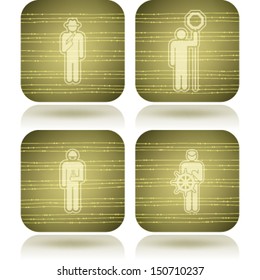 Man's occupation icons set from left to right:  Theft, Lollipop man, Chemist, Sailor. 
