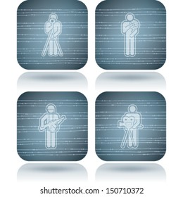 Man's occupation icons set from left to right:  Photographer, Solider, Geographer, Director. 
