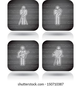 Man's occupation icons set from left to right:  Photographer, Solider, Geographer, Director. 