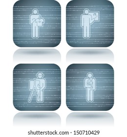 Man's occupation icons set from left to right:  Merchant, Teacher, Artist, Gardener. 