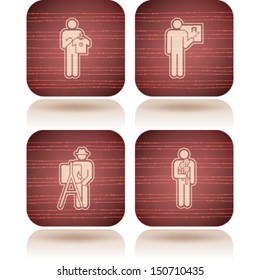 Man's occupation icons set from left to right:  Merchant, Teacher, Artist, Gardener. 